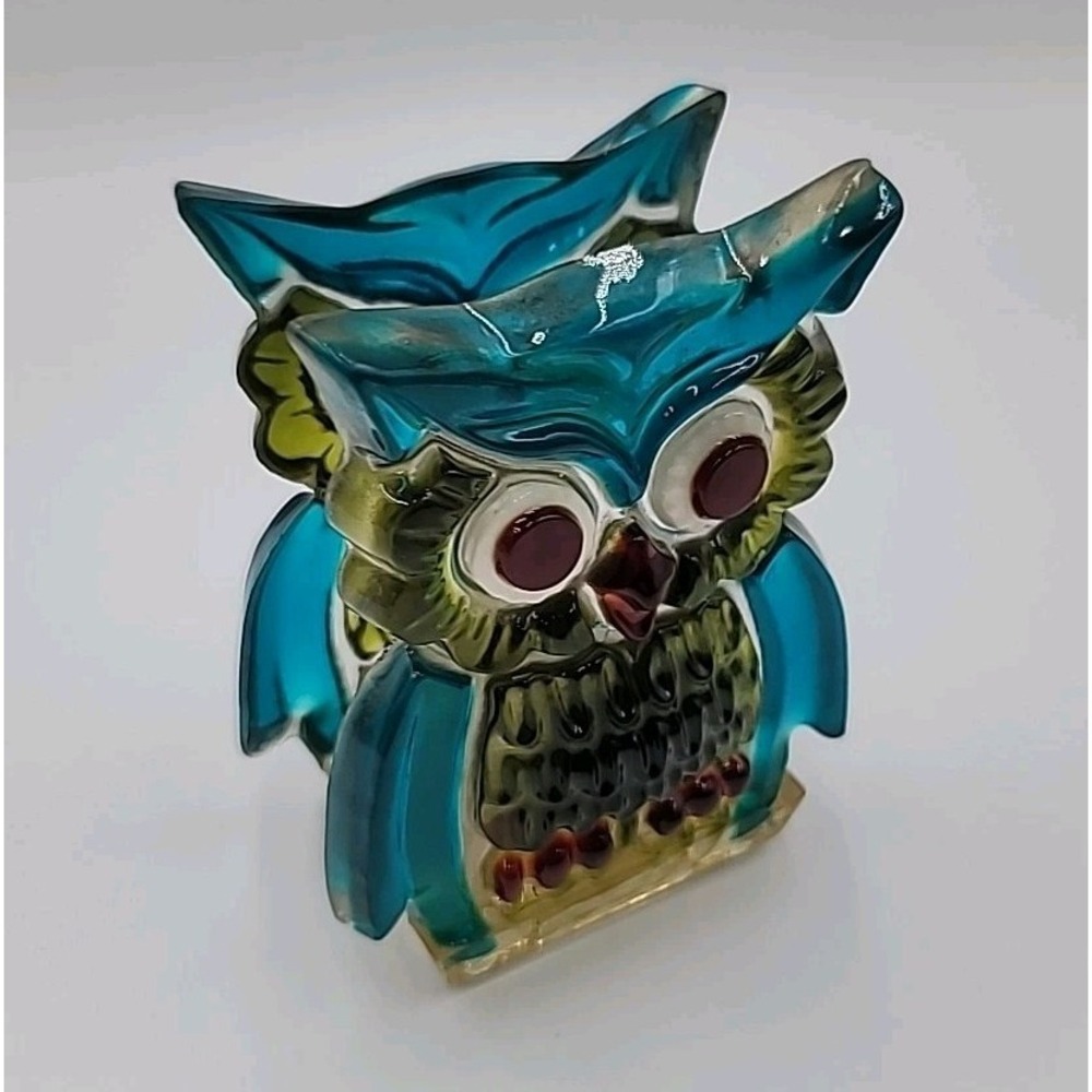 VTG 1970s Multicolor Lucite Owl Napkin Mail Holder Design Gifts Int'l Teal Green